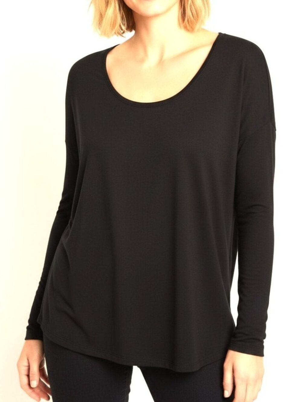 Eileen Fisher Dark Brown Jersey Scoop Neck Long Sleeve Top Rayon Blend Size L